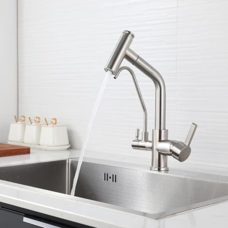 SJQKA 3 Way Kitchen Faucet Spray Sink Mixer Tap with 2 Spouts 360° Swivel Kitchen Mixer Tap, Brass for Drinking Water Kitchen Sink Compatible in Shape (Brushed Nickel)