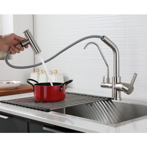 SJQKA 3 Way Kitchen Faucet Spray Sink Mixer Tap with 2 Spouts 360° Swivel Kitchen Mixer Tap, Brass for Drinking Water Kitchen Sink Compatible in Shape (Brushed Nickel)