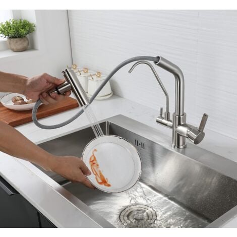 SJQKA 3 Way Kitchen Faucet Spray Sink Mixer Tap with 2 Spouts 360° Swivel Kitchen Mixer Tap, Brass for Drinking Water Kitchen Sink Compatible in Shape (Brushed Nickel)