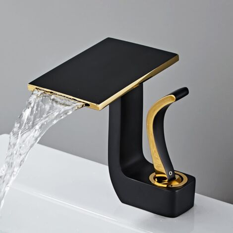 SJQKA Bathroom Waterfall Faucet, Modern Waterfall Bathroom Faucet, Waterfall Basin Faucet, Waterfall Adjustable Hot and Cold Bathroom Mixer (Black+Gold)