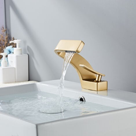Modern Waterfall Basin Faucet for Bathroom Single Lever Mixer Tap Bathroom Faucet Brass Faucet，Frosted Gold（Without Hose）