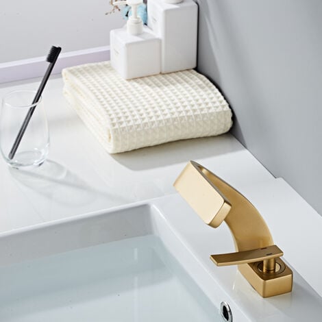 Modern Waterfall Basin Faucet for Bathroom Single Lever Mixer Tap Bathroom Faucet Brass Faucet，Frosted Gold（Without Hose）