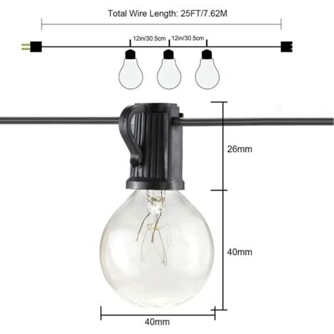 Outdoor Light Garland, Connectable Guinguette Garland 7.6M 25 G40 Bulbs with 3 Replacement Bulbs for Party Garden Wedding Patio