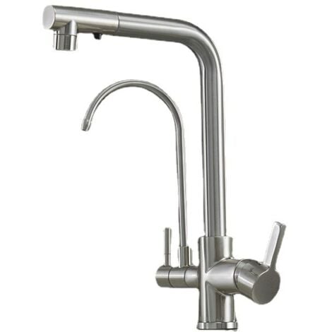 SJQKA Kitchen Faucet 3 Way Spray Sink Mixer Tap with 2 Spouts 360° Swivel Kitchen Mixer Tap, Brass for Drinking Water Kitchen Sink Compatible in Shape (Brushed Nickel)