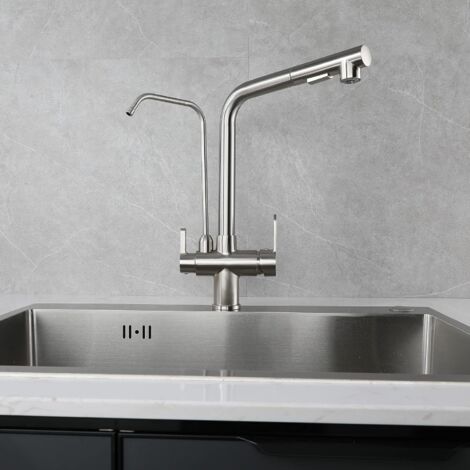 SJQKA Kitchen Faucet 3 Way Spray Sink Mixer Tap with 2 Spouts 360° Swivel Kitchen Mixer Tap, Brass for Drinking Water Kitchen Sink Compatible in Shape (Brushed Nickel)
