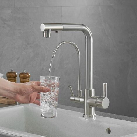 SJQKA Kitchen Faucet 3 Way Spray Sink Mixer Tap with 2 Spouts 360° Swivel Kitchen Mixer Tap, Brass for Drinking Water Kitchen Sink Compatible in Shape (Brushed Nickel)