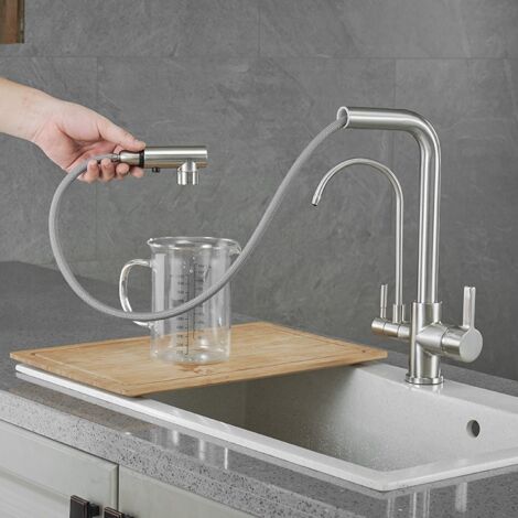 SJQKA Kitchen Faucet 3 Way Spray Sink Mixer Tap with 2 Spouts 360° Swivel Kitchen Mixer Tap, Brass for Drinking Water Kitchen Sink Compatible in Shape (Brushed Nickel)