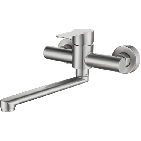 Stainless Steel Wall Mounted Kitchen Mixer Tap, 360° Swivel for Kitchen Sink, Adjustable Hot and Cold Water, Silver