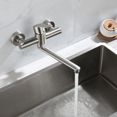 Stainless Steel Wall Mounted Kitchen Mixer Tap, 360° Swivel for Kitchen Sink, Adjustable Hot and Cold Water, Silver