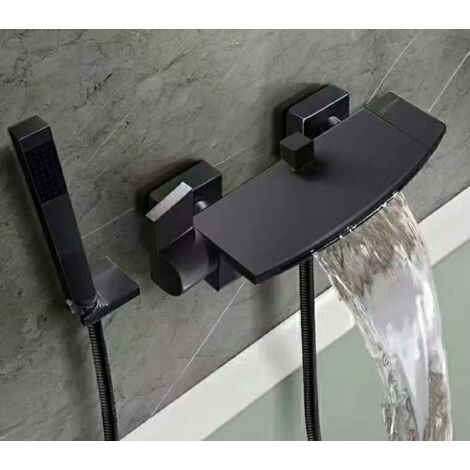 SJQKA Black Waterfall Bathtub Mixer Wall Mounted Bathtub Faucet Wall Mounted for Bathroom Bath Faucet with Hand Shower Bath Mixer (B)
