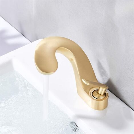 Modern Basin Faucet, Curved Design Bathroom Faucets, Hot and Cold Water Mixer Taps for Bathroom - Brushed Gold