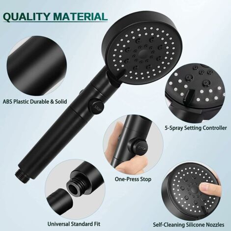High Pressure Water Saving Shower Head, 5 Mode Adjustable Shower Head, Anti-Limescale Shower Head with Stop, Easy to Install (Black)