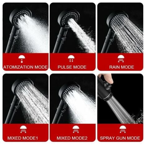 High Pressure Water Saving Shower Head, 5 Mode Adjustable Shower Head, Anti-Limescale Shower Head with Stop, Easy to Install (Black)