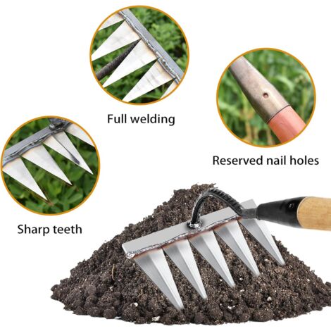 Garden Rake, Gardening Tools, Weeding Rake Gardening Tools, Lawn Rake Aerator Manual 5 Steel Teeth, Garden Hoe for Weeding/Loosening/Sowing (Without Stick)