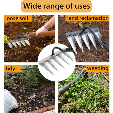 Garden Rake, Gardening Tools, Weeding Rake Gardening Tools, Lawn Rake Aerator Manual 5 Steel Teeth, Garden Hoe for Weeding/Loosening/Sowing (Without Stick)