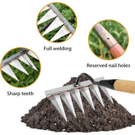 Garden Rake, Gardening Tools, Weeding Rake Gardening Tools, Lawn Rake Aerator Manual 6 Steel Teeth, Garden Hoe for Weeding/Loosening/Sowing (Without Stick)
