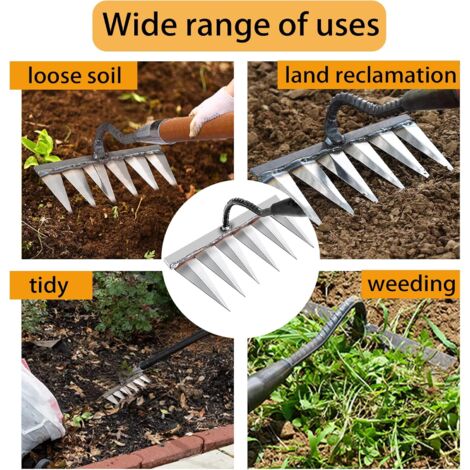 Garden Rake, Gardening Tools, Weeding Rake Gardening Tools, Lawn Rake Aerator Manual 6 Steel Teeth, Garden Hoe for Weeding/Loosening/Sowing (Without Stick)