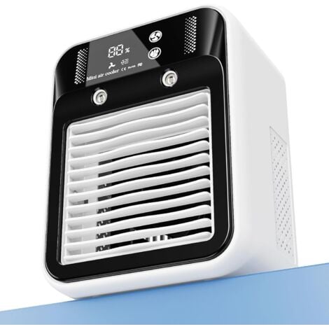 Portable Air Conditioner, Rechargeable Mini Fan, Evaporative Air Cooler, 2 Speeds, 2 Cool Air Jets, Digital Display, Handheld Fan for Bedroom, Office, Camping