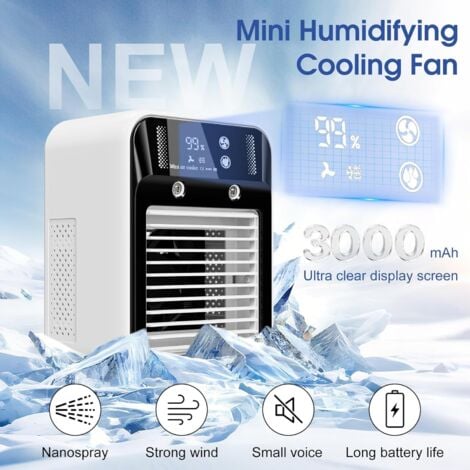 Portable Air Conditioner, Rechargeable Mini Fan, Evaporative Air Cooler, 2 Speeds, 2 Cool Air Jets, Digital Display, Handheld Fan for Bedroom, Office, Camping