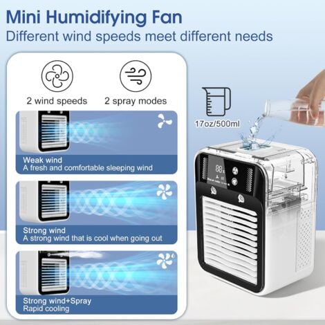 Portable Air Conditioner, Rechargeable Mini Fan, Evaporative Air Cooler, 2 Speeds, 2 Cool Air Jets, Digital Display, Handheld Fan for Bedroom, Office, Camping