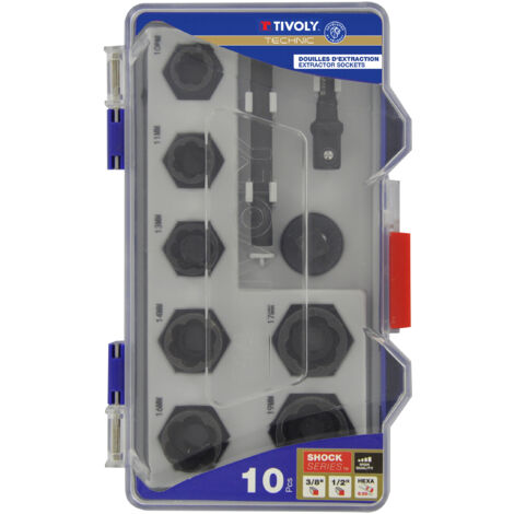 Tivoly • Caja de 10 vasos de extracción de entrada cuadrada hembra de 3/8" para pernos y tuercas dañados