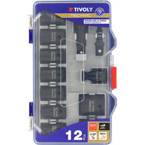 Tivoly • Caja de 12 vasos de impacto y accesorios de 1/2"