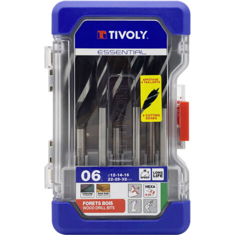 Tivoly • Caja de 6 brocas para madera con 4 filos de corte mango hexagonal Ø 12 a 32mm