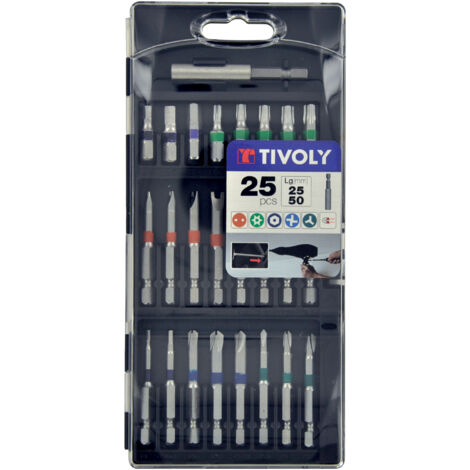 Tivoly • Juego de puntas de destornillador estándar y de torsión 25 piezas • 24 puntas de destornillador largas y anilladas + 1 portapuntas magnético • Accesorio hexagonal Ø6,35 mm
