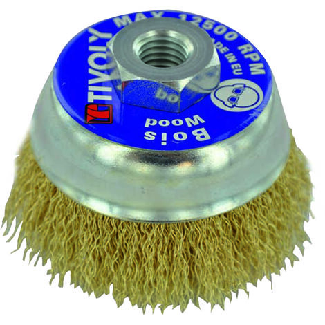 Tivoly • Cepillo de Copa Ø80mm M14 para amoladora Latón Corrugado Acero Decapado Técnico Madera Cobre (1/2)