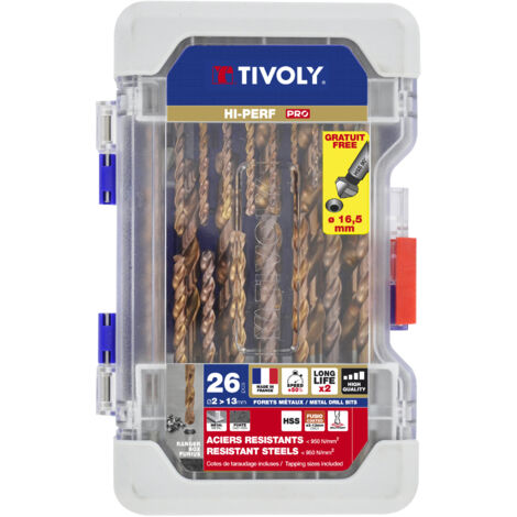 Tivoly • PRO Box 26 Piezas • 25 Brocas Autocentrantes para Metal HSS Ø2mm a Ø13mm • Avellanador HSS Ø16,5mm • Larga Duración • Fabricado en Francia • Para Mecanizar Aceros Resistentes