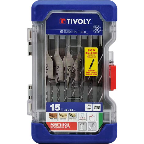 Tivoly • Caja de 15 piezas -9 brocas para madera de 3 puntas Ø 2 a 10mm + 6 brocas planas para madera Ø 14 a 24mm