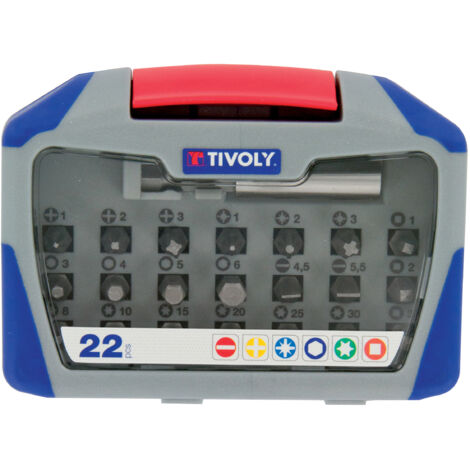 Tivoly • Juego de puntas de destornillador estándar 22 piezas • 21 puntas de destornillador + 1 portapuntas magnético • Accesorio hexagonal Ø6,35 mm