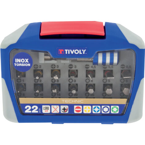 Tivoly • Caja de 22 puntas de destornillador Torsion de acero inoxidable • 21 puntas de destornillador + 1 portapuntas magnético de cambio rápido • Accesorio hexagonal Ø6,35 mm