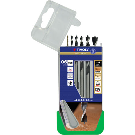 Tivoly • Caja de 6 brocas para madera con 3 puntas graduadas SLR Ø 2 a 8mm