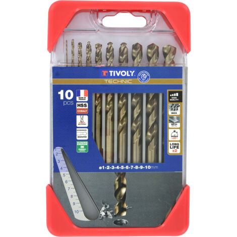 Tivoly • Caja de 10 Brocas Technic de Metal Cobalto Graduadas que contienen Ø1-2-3-4-5-6-7-8-9-10mm