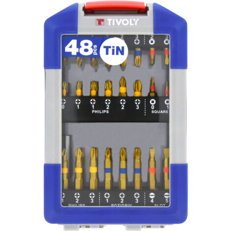 Tivoly • Juego de puntas de destornillador de hojalata 48 piezas • 47 puntas de destornillador + 1 portapuntas magnético • Fijación hexagonal Ø6,35 mm