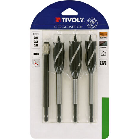 Tivoly • Juego de 4 piezas - 3 brocas para madera con 4 filos de corte Ø 20 a 25 mm + 1 extensión