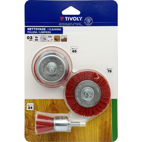 Tivoly • 3 Cepillos: Cepillo-cortador-circular • Hilo de Nylon • Ø75mm / Ø65mm / Ø24mm • Cola cilíndrica Ø6mm • Grano: 80 • Para Limpieza de Madera
