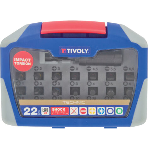 Tivoly • Juego de puntas de destornillador estándar 22 piezas • 21 puntas de destornillador de torsión de impacto + 1 portapuntas magnético de impacto • Accesorio hexagonal de Ø6,35 mm • Para atornill