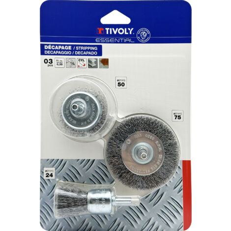 Tivoly • Juego de 3 Piezas • Cepillos de Acero • Cepillo Cepillo Ø24mm / Cepillo Copa Ø50mm / Cepillo Circular Ø75mm • Para Decapado de Metal