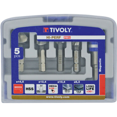 Tivoly • Caja de 5 piezas - 4 avellanadores HSS Vástago hexagonal de 90° Ø 8,3 a 16,5 mm + 1 portapuntas  (1/3)
