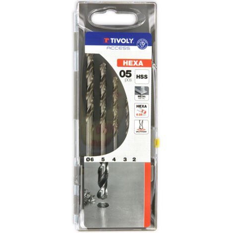 Tivoly • Caja de 5 brocas metálicas HSS con vástago hexagonal de 6,35 mm que contiene Ø2-3-4-5-6 mm  (1/2)