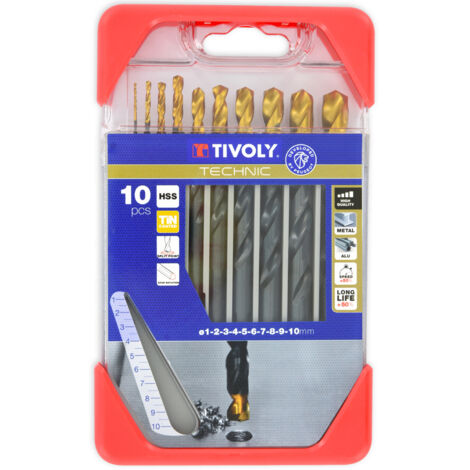 Tivoly • Caja de 10 brocas para metal HSS STEAM recubiertas de TiN, corte rectificado, punta en cruz, mango de 3 caras, Ø 1 a 10 mm (1/2)