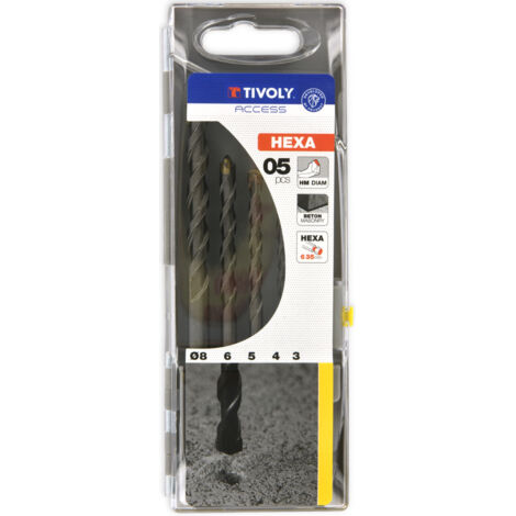 Tivoly • Caja de 5 brocas para hormigón con vástago extra hexagonal de 6,35 mm y contenido de Ø 3-4-5-6-8 mm