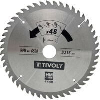 Tivoly • Hoja de sierra circular • Ø216 mm • 48 dientes de carburo • Excelente acabado • Para cortar madera dura • Para cortar madera laminada