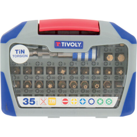 Tivoly • Box mit 35 Teilen – 34 TiN-beschichtete Spiralbits + 1 magnetischer Schnellwechsel-Bithalter