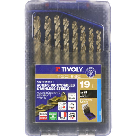 Tivoly • Box • 19 HSS-E5-Metallbohrer (Kobalt 5 %), selbstzentrierend und abgestuft • Ø1 mm bis Ø10 mm