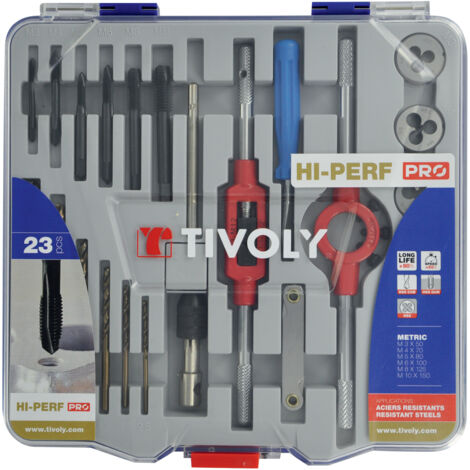 Tivoly • Koffer 23 Stück 6 DIN 352 HSS-Gewindebohrer + 6 HSS-Matrizen + 4 Zubehörteile M3 bis M10 + 6 HSS-Kobalt-Metallbohrer (1/2)