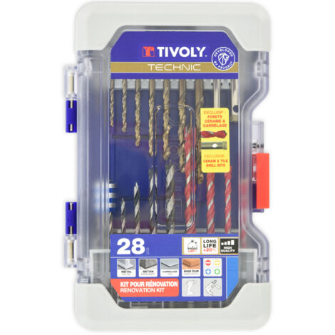 Tivoly – 28-teiliger Koffer: 8 Metallbohrer, 4 Beton-/Fliesenbohrer, 6 Holzbohrer, 2 Wasser-Diamantbohrer, 7 Schraub-Bits, 1 magnetischer Schnellwechsel-Bithalter