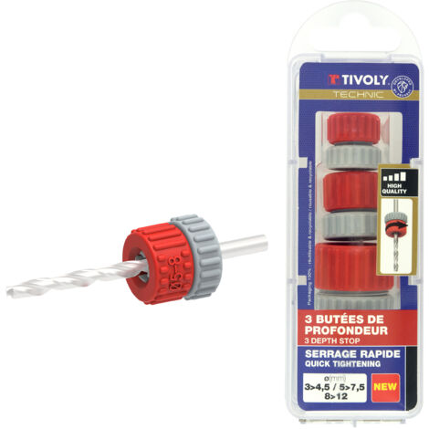 Tivoly • Set mit 3 verstellbaren Bohranschlägen ohne Werkzeug, für Bohrer von Ø3 bis 12 mm